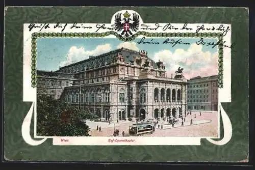 AK Wien, Hof-Operntheater mit Strassenbahn, Wappen