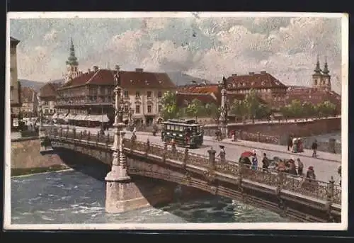 Künstler-AK Graz, Hauptbrücke mit Strassenbahn