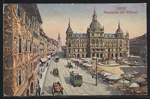 AK Graz, Hauptplatz mit Rathaus und Strassenbahn