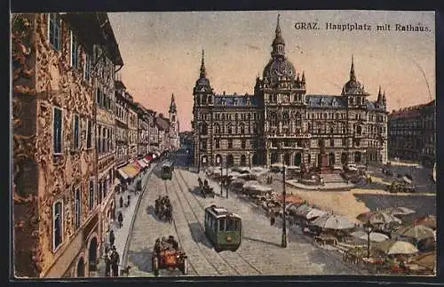 AK Graz, Hauptplatz mit Rathaus und Marktständen, Strassenbahn