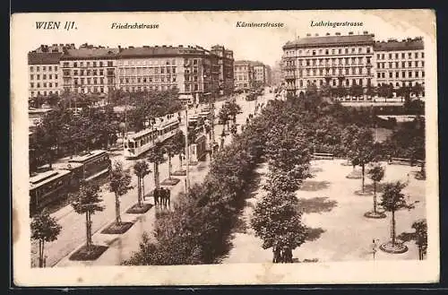 AK Wien, Kärntnerstrasse mit Strassenbahnen aus der Vogelschau
