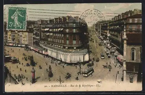AK Marseille, Rue de la Republique, Strassenbahn