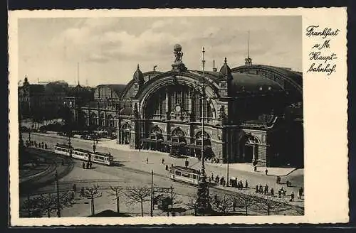 AK Frankfurt a. M., Hauptbahnhof mit Strassenbahnen aus der Vogelschau