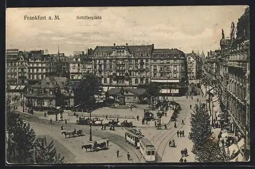 AK Frankfurt a. M., Schillerplatz mit Strassenbahn aus der Vogelschau