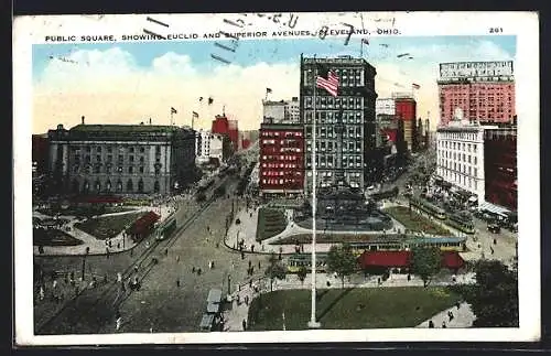 AK Cleveland, Ohio, Public Square, Showing Euclid and Superior Avenues, Strassenbahn