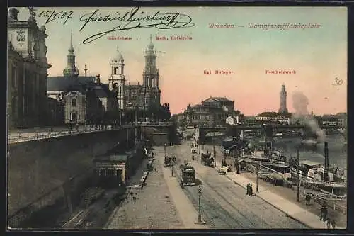 AK Dresden, Strassenbahn am Dampfschifflandeplatz