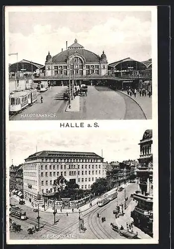 AK Halle / Saale, Hauptbahnhof, Hotel Goldene Kugel am Riebeckplatz, Strassenbahn