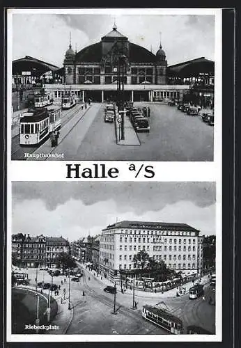 AK Halle / Saale, Strassenbahnen vor dem Hauptbahnhof, Blick auf den Riebeckplatz aus der Vogelschau