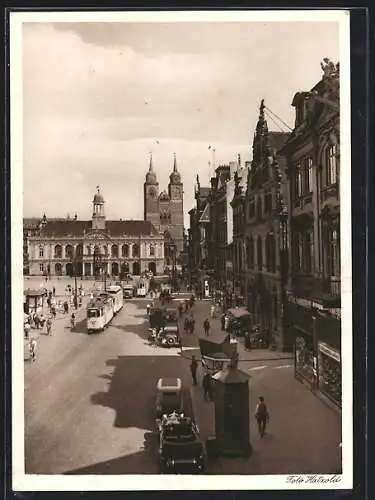 AK Magdeburg, Alter Markt mit Rathaus, Strassenbahn und Johanniskirche