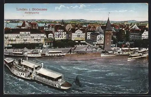 AK Lindau i. Bodensee, Hafenpartie mit Dampfern