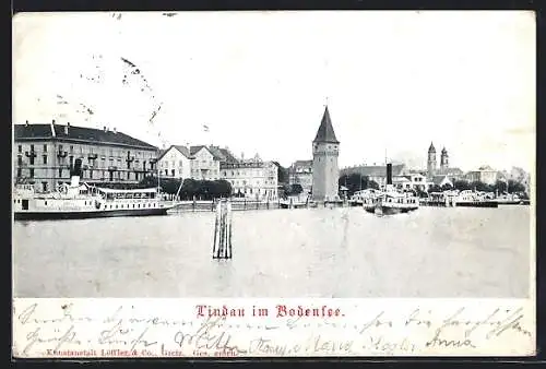AK Lindau i. B., Ortspanorama mit Turm am Hafen