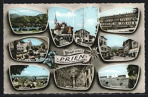 AK Prien /Chiemsee, Badestrand, Dorfstrasse, Marktplatz