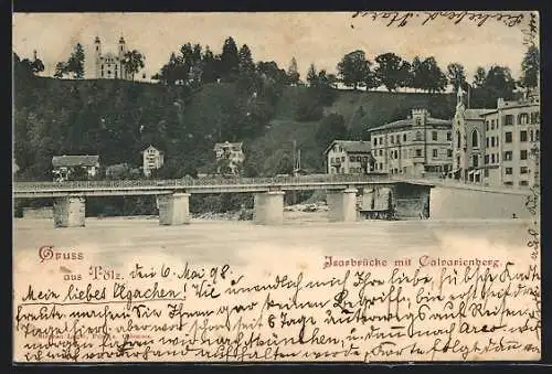 AK Bad Tölz, Isarbrücke mit Calvarienberg