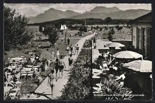 AK Waging am See, Strandkurhaus, Terrasse mit Seepromenade und Bergpanorama