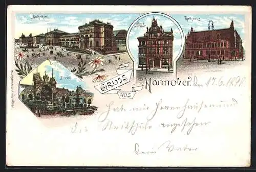 Lithographie Hannover, Tivoli, Bahnhof, Haus der Väter, Rathaus