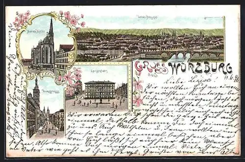 Lithographie Würzburg, Kaiserplatz, Domstrasse, Marien-Kirche