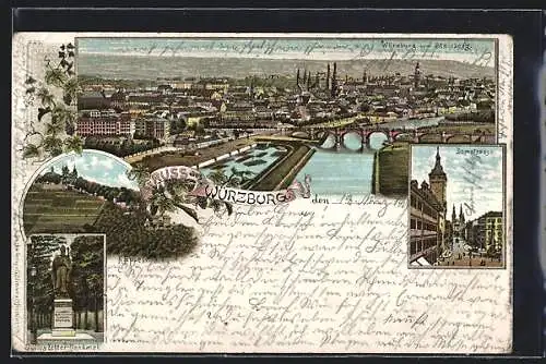 Lithographie Würzburg, Julius Echter-Denkmal, Totalansicht vom Steinberg, Domstrasse