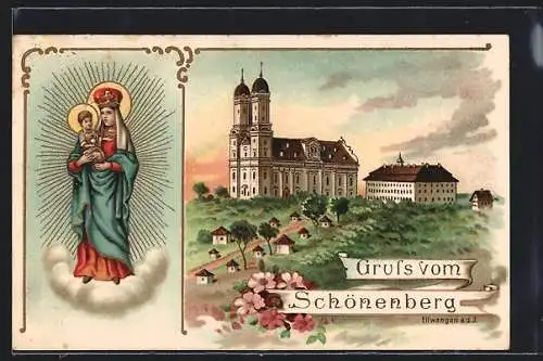 Lithographie Ellwangen a. d. J., Kirche auf dem Schönenberg