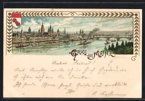 Lithographie Mainz, Totalansicht vom anderen Flussufer