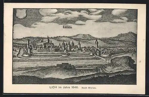Künstler-AK Lich, Ortsansicht im Jahre 1646, nach Merian