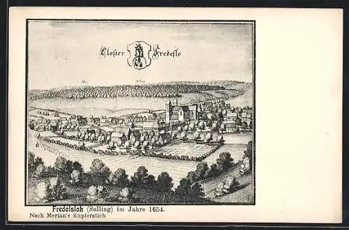 Künstler-AK Fredelsloh /Solling, Ortsansicht aus dem Jahre 1654, nach Merian