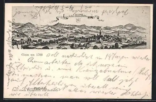 Künstler-AK Cham in der oberen Pfalz, Ortsansicht nach Kupferstich von Bodenehr