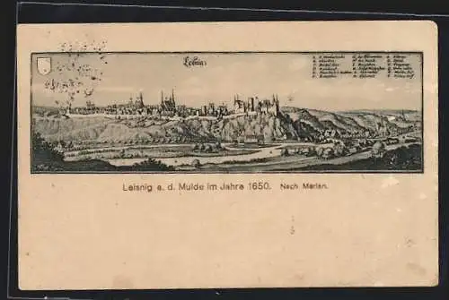 AK Leisnig a. d. Mulde, Historische Ortsansicht anno 1650 nach Merian