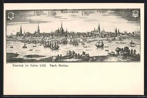Künstler-AK Rostock, Alte Stadtansicht nach Merian von 1653