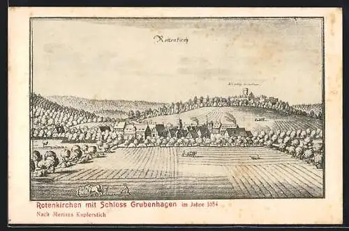 AK Rotenkirchen, Ortsansicht mit Schloss Grubenhagen im Jahre 1654, nach Merian