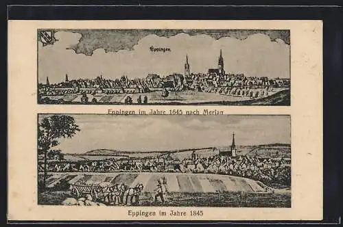 AK Eppingen, im Jahre 1645 nach Merian und 1845