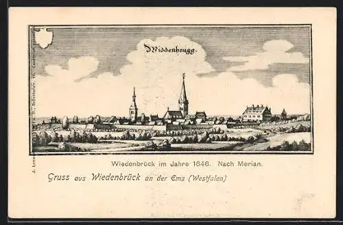 Künstler-AK Wiedenbrück an der Ems, Alte Ortsansicht nach Merian von 1646