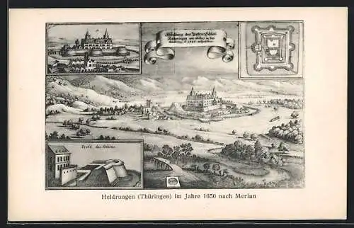 Künstler-AK Heldrungen /Thüringen, Alte Ortsansicht nach Merian von 1650