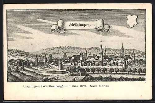 Künstler-AK Creglingen /Württemberg, Alte Ortsansicht nach Merian von 1650