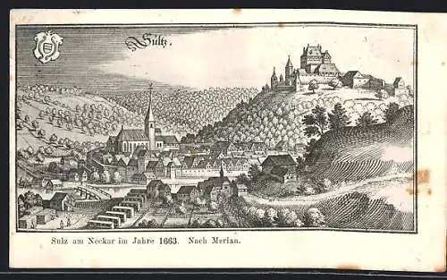 Künstler-AK Sulz am Neckar, Alte Ortsansicht nach Merian von 1663