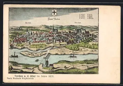 Künstler-AK Verden a. d. Aller, Alte Ortsansicht nach Merian aus dem Jahre 1653