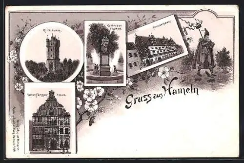 Lithographie Hameln, Hochzeitshaus, Rattenfängerhaus, Klütthurm