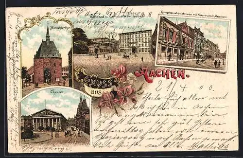 Lithographie Aachen, Theater, Marschierthor, Komphausbadstrasse mit Suermondt-Museum