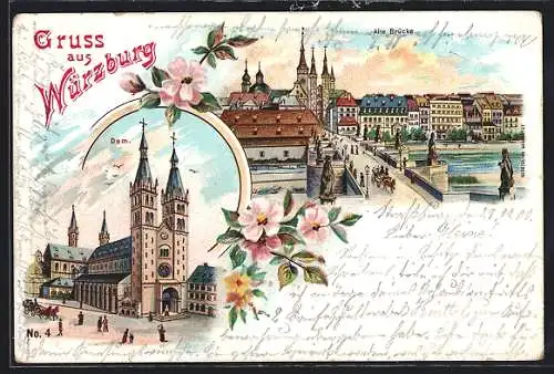 Lithographie Würzburg, Alte Brücke und Dom