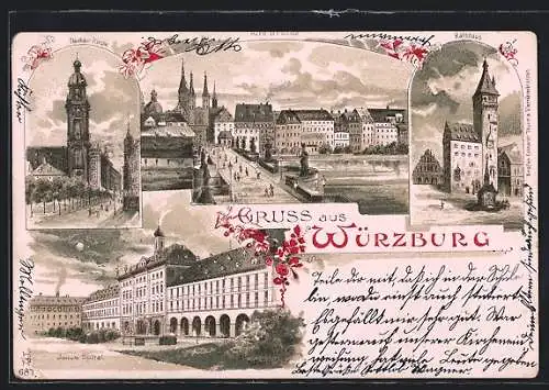 Lithographie Würzburg, Neubau-Kirche, Julius Spital, Rathaus