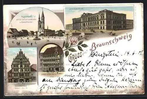 Lithographie Braunschweig, Gewandhaus, Justizgebäude, Haus Sack No. 5