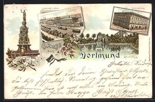 Lithographie Dortmund, Bahnhof mit Post, Gymnasium, Kriegerdenkmal 1870-71