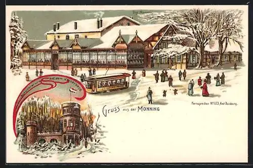 Winter-Lithographie Monning, Aussichtsturm auf dem Kaiserberg, Ortsansicht mit Strassenbahn