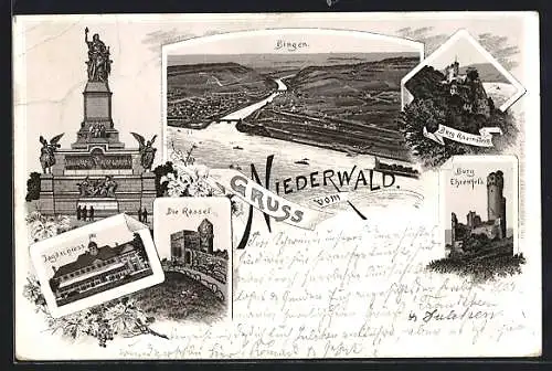 Lithographie Bingen / Rhein, Ortsansicht von oben, Burg Rheinstein, Burg Ehrenfels, Jagdschloss