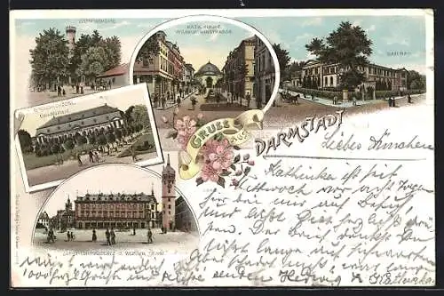 Lithographie Darmstadt, Ernst Ludwigsplatz, Grossherzogl. Orangerie, Wilhelminenkirche