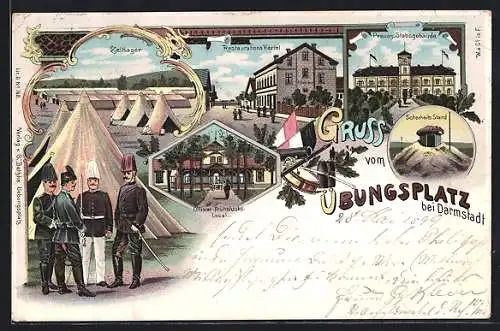 Lithographie Darmstadt, Übungsplatz, Zeltlager, Restaurations Viertel, Preuss. Stabsgebäude, Sicherheits Stand