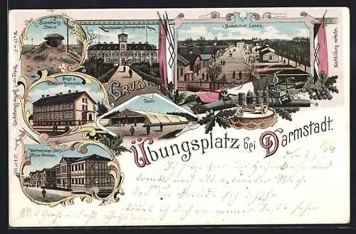 AK Darmstadt, Gruss vom Übungsplatz, Preussisches Stabsgebäude, Baracken Lager, Württemberger Stabs- und Offizier-Gebäude