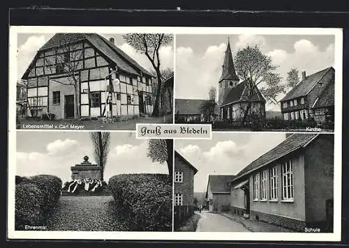 AK Bledeln, Lebensmittel v. Carl Meyer, Ehrenmal, Schule