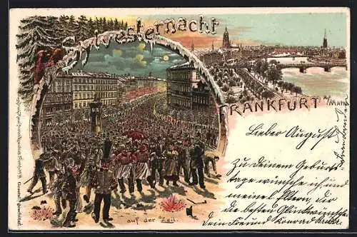 Lithographie Frankfurt /Main, Sylvesternacht auf der Zeil, Stadt-Panorama im Winter