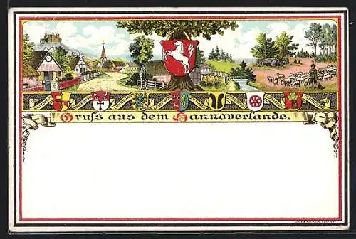 Lithographie Lüneburg, Wappen der Stadt sowie von Hildesheim und Osnabrück, Motive aus dem Hannoverlande