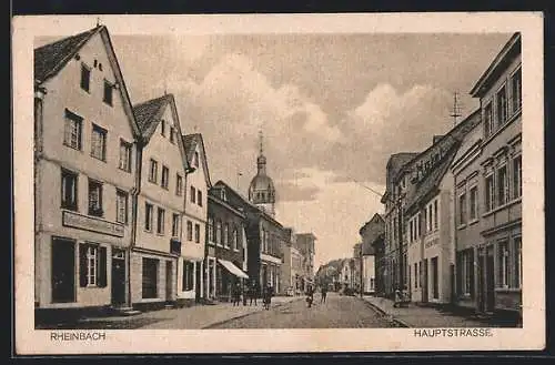 AK Rheinbach, Hauptstrasse mit Geschäften und Blick zur Kirche